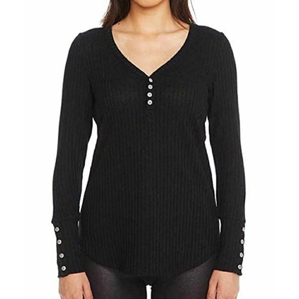 Chaser  Black Long Sleeve Waffle Thermal Tunic Top Fitted Comfy Boho